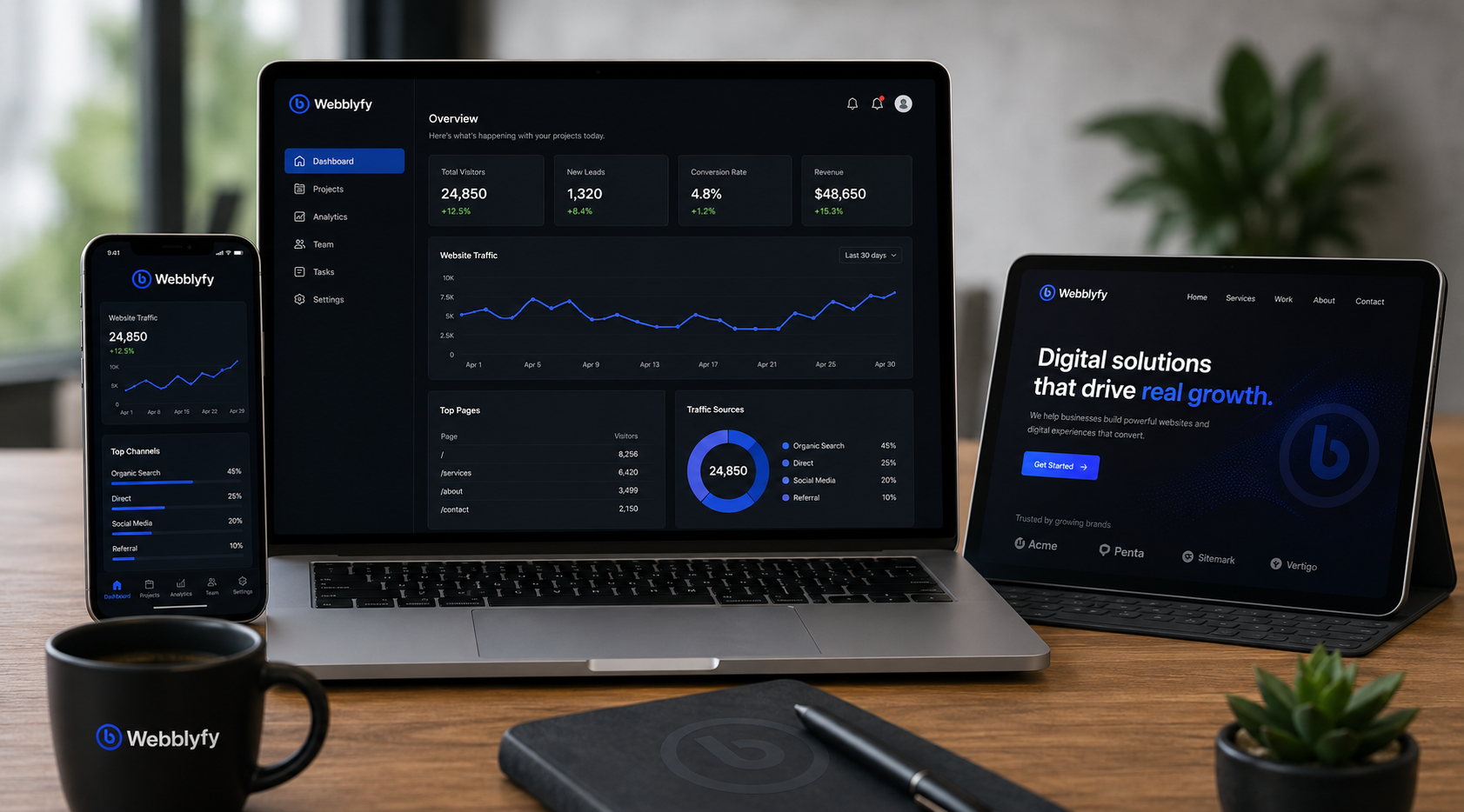 Webblyfy dashboard, mobile app, and tablet displaying client analytics, traffic, and conversion metrics